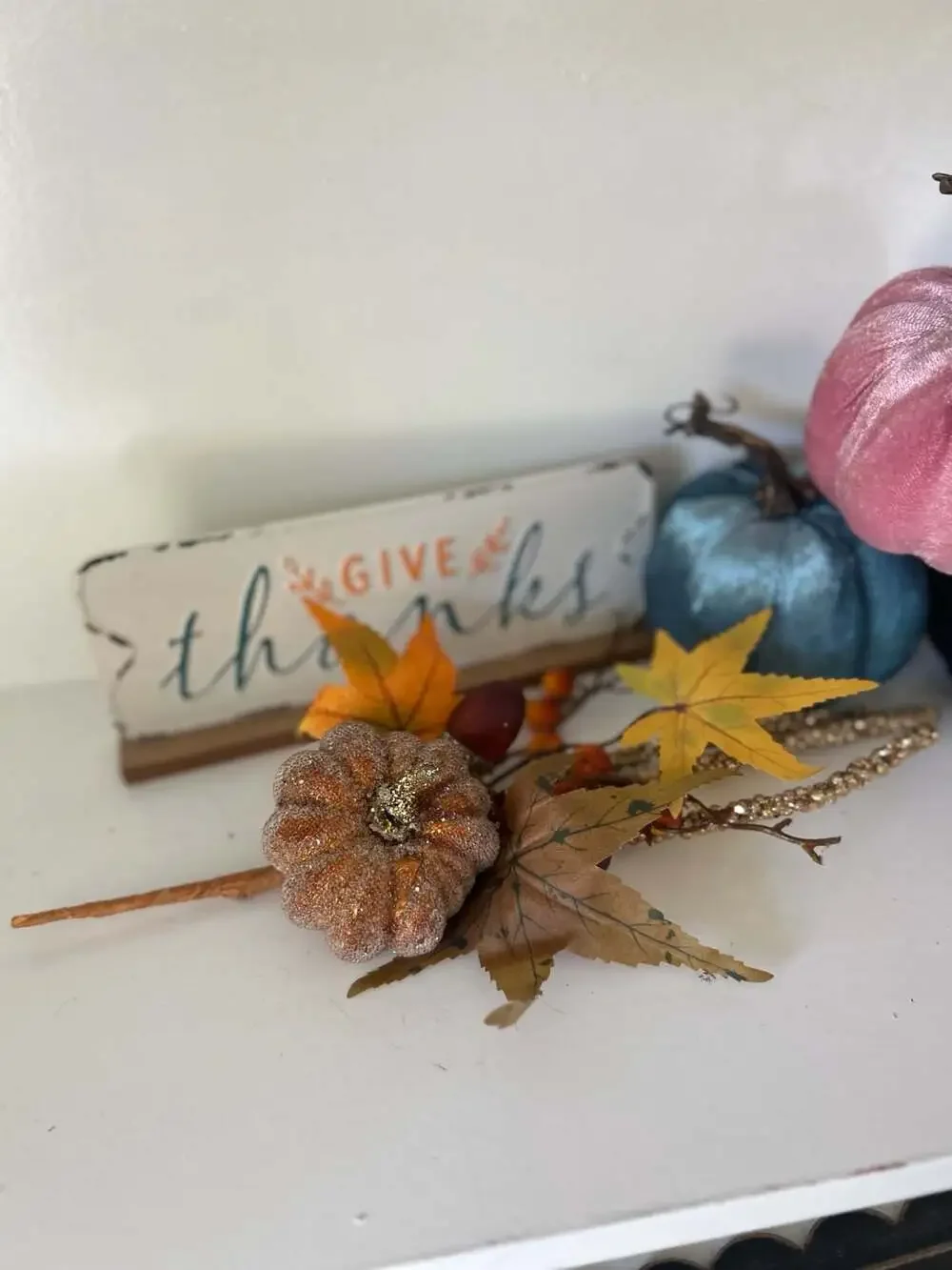 Assorted Fall Decor Bundle with Velvet Pumpkins, Give Thanks Sign, and Autumn Le